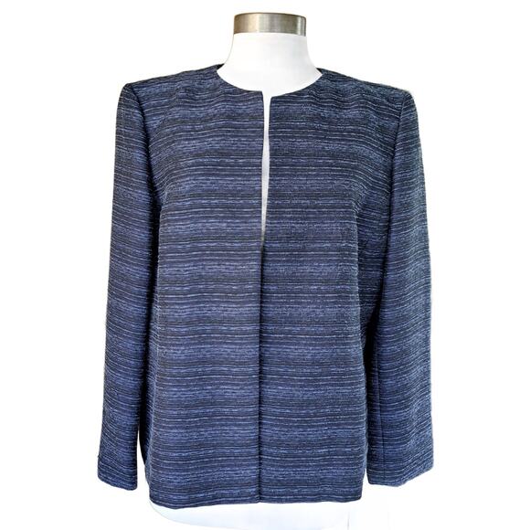 KASPER Blue Black Space Dye Stripe Collarless Jacket Blazer Size 16 P Open Front - Picture 1 of 8